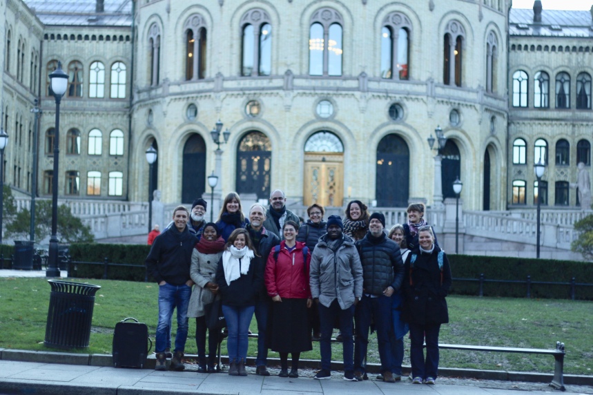 The whole team in Norway in front of the Parliament